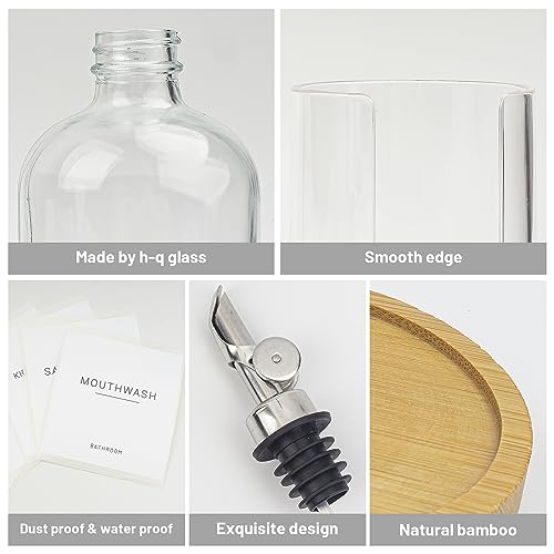 480ml/16.23 Oz Glass Pump Dispenser for Mouthwash With Disposable Cups Holder, Pour Spout Refillable Clear Container, Bamboo Tray, and Labels