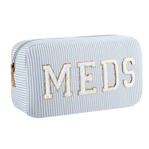 uekeboag Seersucker Chenille Letter Stuff Meds RX Makeup Bag, Travel Washable Purse Organizer with Zipper, Lightweight Toiletry Cute Personalized Preppy Cosmetic Bag For Women and Girls(03Blue Meds)