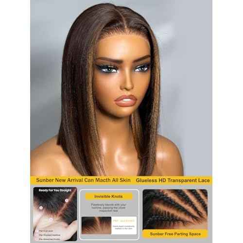 Sunber Ombre Brown Highlights Blonde Bob Human Hair Glueless Wig Bye Bye Knots Pre Everything 7x5 Lace Front Bob Wigs Pre Cut Lace Pre Plucked Pre Bleached Knots 150% Density 3S Put On and Go 12Inch