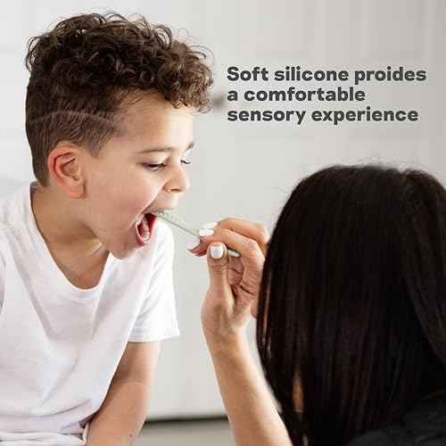 ezpz Baby-Led Toothbrush + Tongue Depressor Dual Pack (Sage) - 100% Silicone Toothbrush + Silicone/Stainless Steel Tongue Depressor - Helps Set-up Infants for a Healthy Oral Care Routine