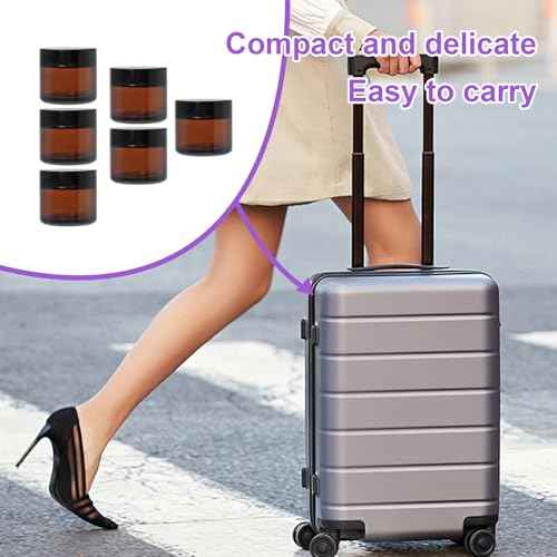 2oz Small Travel Containers with Black Lids,6 Pack Amber Glass Jars with Mini Disposable Spatula for Toiletries£¬Travel Storage£¬Makeup Beauty Products, Lotions, Powders and Ointments