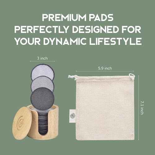 Greenzla Reusable Makeup Remover Pads Premium Set, 12 Pack Microfiber Cotton Pads, Charcoal Cotton Rounds, Bamboo Terry Face Wipes for All Skin Types with Mesh Laundry Bag and Bamboo Storage