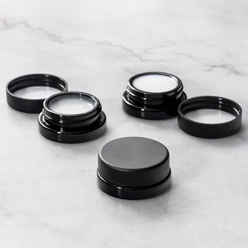 (90 Pack) 7ml Low Profile Thick Black Glass Jars with Black Lids - Airtight Containers for Oil, Lip Balm, Wax, Cosmetics