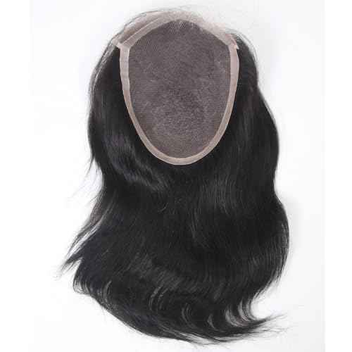 Swiss Lace Front with PU Men's Toupee Man Hairpieces Human Hair Replacement System for Men 4.5x7inch 10inches Long Hair 1B Black Color