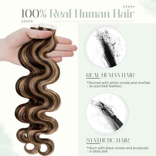 Rich Choices Tape in Hair Extensions Human Hair 40pcs 100g Balayage Golden Brown Highlighted Bleach Blonde 100% Remy Hair Extensions Real Human Hair Seamless Curly Wavy Tape in Hair of 24 inch #12P613