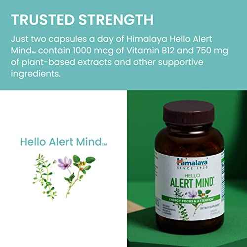 Himalaya Hello Alert Mind with L-Theanine, Ashwagandha, Bacopa, Vitamin B6 & B12, for Energy, Focus & Attention, Vegan, Gluten Free, 60 Capsules