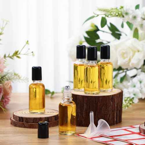 Sumind 12 Pcs 30ml Roller Glass Bottle Essential Oil with Stainless Steel Refillable Sample Container Brown Empty Roller Bottle Applicator with Funnel Sticker for Travel(Clear)