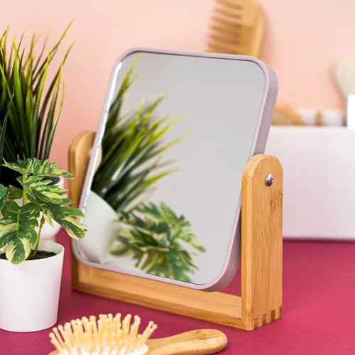 Desk Mirror,Mirror for Desk,1X/3X Magnifying Double-Sided 360¡ÆFlippable Vanity Mirror,Makeup Mirror,with Natural Bamboo Stand-White