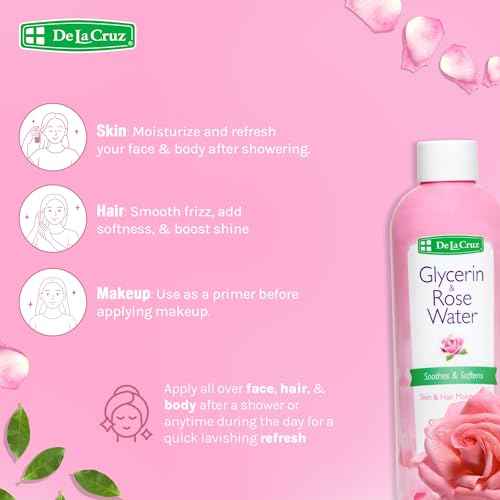 De La Cruz Rose Water and Glycerin for Face - Rosewater Facial Toner and Moisturizer for Skin and Hair 8 fl oz (236 mL) - 12 Bottles