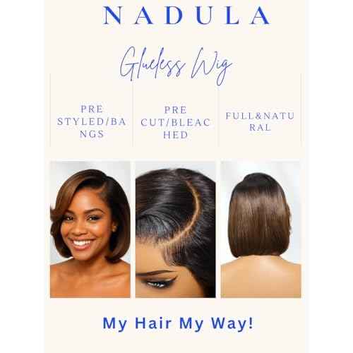 Nadula Glueless Bye Bye Knots Short Bob Drawstring Wig human Hair with Blow Out Bangs, Black to Chestnut Brown Ombre Pre Cut 7X5 HD Lace Front Wigs Pre Plucked Bleached Knots Ready to Wear 10inch