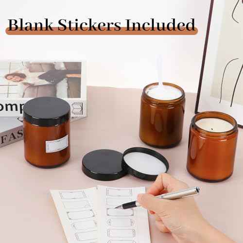 AuroTrends 8 oz Amber Glass Jars with Lids (12-Pack) - Candle Jars for Making Candles, Amber Cosmetic Cream Jar - Leakproof Plastic Lids & Labels Included (8fl.oz-12Pack)