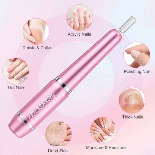 JIASHENG USB Electric Nail Drill, Portable Electric Nail File for Acrylic Gel Nails, Professional Drill Nail Kit Manicure and Pedicure Kit with Drill Bits for Home and Salon Use, Pink