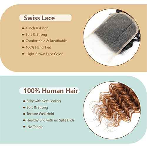 Ombre Deep Wave Human Hair 3 Bundles With 4x4 Lace Closure 1B/30 Brown Curly Bundles with Closure Unprocessed Brazilian Virgin Human Hair Extensions For Women (T1B/30,14 16 18+12)