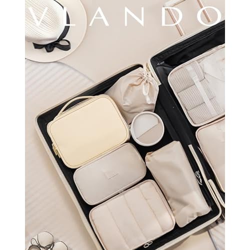 Vlando Travel Makeup Bag,Portable Cosmetic Bag Makeup Case Organizer, Makeup Bag with Adjustable Dividers for Women,Girls,Wedding,Cosmetic Brushes,Toiletry,Gifts,Anniversary-Beige