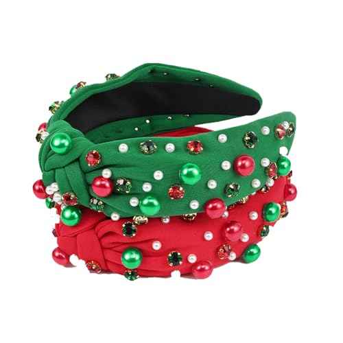 Sokfone Women's Christmas Headband Pearl Knotted Headband Christmas Red and Green Pearl Rhinestone Crystal Gem Hairband Top Knot Holiday Hair Accessories Holiday Costume Gift (Green)