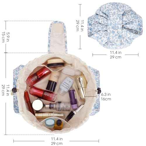 Narwey Barrel Drawstring Makeup Bag Large Floral Cosmetic Bag Make up Bags Toiletry Bag Travel Bags for Toiletries Organizer for Women Gift for Teen Girls (Little Blue Flower) (Patent)