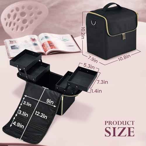 Large Travel Makeup Train Case, Big Makeup Bag Organizer Makeup Box,4 Tier Professional Cosmetic Storage Cases for Nail Tech Tattoo Storage Bag for Equipment and Supplies with luggage Sleeve