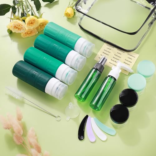 GLAMFIELDS Travel Bottles for Toiletries,TSA Approved 3.3oz Size LeakProof Silicone Toiletry Containers for Shampoo, Conditioner,Easy to Squeeze£¬Portable Travel Essentials for Lotion(18 Pack) Green
