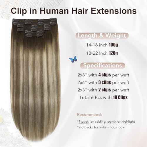 XDhair Clip in Hair Extensions Real Human Hair 120g 18 Inch Balayage Ombre Color 3 Walnut Brown to 8 Ash Brown and 22 Golden Blonde Double Weft Clip in Remy Hair Extensions(18, 3/8/22)