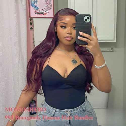 Dark Burgundy 3 Bundles Human Hair Body Wave 12 14 16 Inch, 99J 12A Sew In Wavy Weave Bundles Red Colored 100% Brazilian Virgin Remy Human Hair Soft Shiny #99j Wine Color