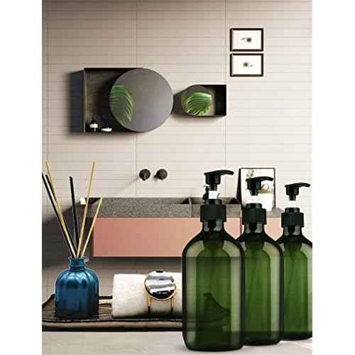 FOOCHY 6 Pack Empty Plastic Bottles with Pump Dispenser and 6pcs Labels Included, Refillable Travel Containers for Hand sanitizer Shampoo Lotion, etc - No BPA/Paraben, 500ml/16.9oz (Green)