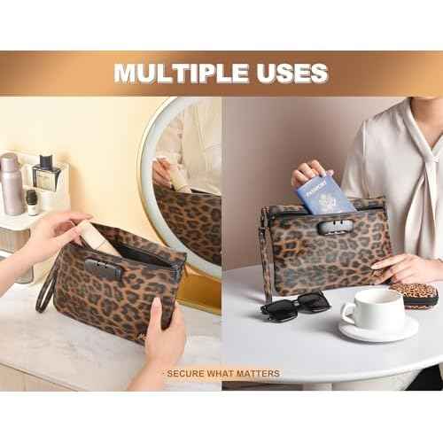 Storage Bag with Combination Lock 11" x 7.5" Money Cosmetic Organizer Medicine Lock Bag Travel Storage Case Pouch Great Christmas Gift for Women Leopard