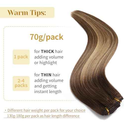 Clip in Hair Extensions Real Human Hair, 20 Inch 7pcs 70g/Pack - Ombre Chocolate Brown to Caramel Blonde, Soft Remy Human Hair Clip in Extensions Straight Capable for all Occasion (20 Inch)