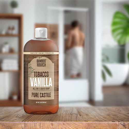 BAMBOO AND BIRCH Pure Castile Soap Liquid, Certified Palm Oil Free Natural Soap, Tobacco Vanilla, 32 oz