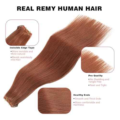 ABH AMAZINGBEAUTY HAIR Invisi Edge Tape in Hair Extensions Real Human Hair, Seamless Injected Hand-Tied Virgin Human Hair Pro Quality Tape ins 20PCS 50G/Pack, Auburn Color #30 22Inch