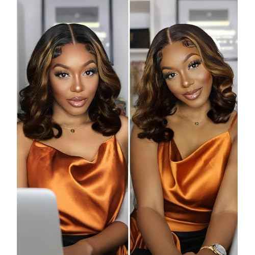 Highlight Lace Front Wig Human Hair Loose Wave 6X5 Glueless Wigs Human Hair Pre Plucked 180% Density Wear and Go Highlight Short Bob Wigs for Women Pre Everything 14inch
