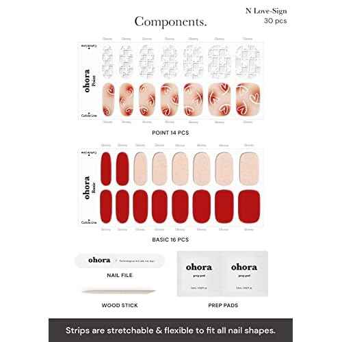 ohora Semi Cured Gel Nail Strips (N Love-Sign) - Red, Patterned, Works with Any UV/LED Lamps, Salon-Quality, Long Lasting, Easy to Apply & Remove - Includes 2 Prep Pads, Nail File & Wooden Stick