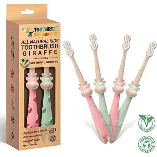 ROARex¢ç All-Natural Eco Friendly Kids Toothbrush Made from Plants - Giraffe 4-36m - Baby to Toddler - Mint/Rose - 4pk | 1% for The Planet Product