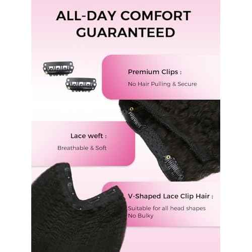 Lashey V Shape Invisible Clip in & Lace Clip in Hair Extensions Human Hair, 18 Inch 120g Set (1 V-Shaped + 2pcs Lace Clip ins), Natural Black Kinky Straight No Leave Out Hair Extension for Women