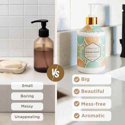 FlowerBox Liquid Hand Soap with Pump ? Set of 4 Scented, Decorative Hand Soap Dispensers for Bathroom and Kitchen ? 500 mL Luxury Floral Mosaic Bottles, Gift Pack