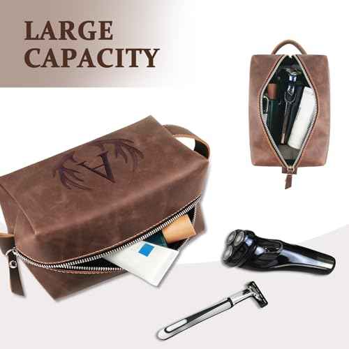 Mens Toiletry Bag Personalized Easter Fathers Day Birthday Gifts for Men Him Initial PU Leather Waterproof Shaving Bag for Toiletries Accessories Travel Essential for Dad Husband Boyfriend (M)