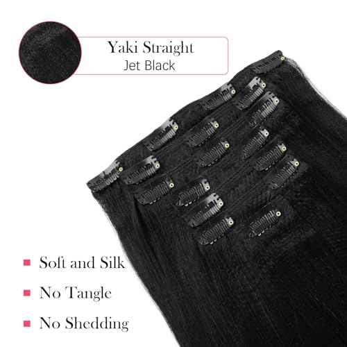 Sassina 20 Inch Yaki Straight Clip in Hair Extensions Virgin Human Hair Jet Black Double Wefts for African American Black Women 7 Pieces 120g with 17 Clips