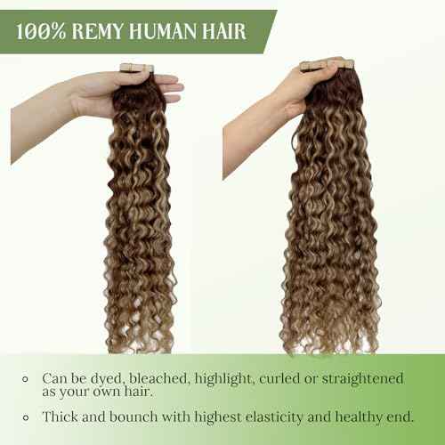 Water Wave Tape in Hair Extensions Strawberry Blonde Ombre Remy Thick Tape ins Human Hair Extensions Seamless Invisible Double Sided Skin Weft Curly Wavy Tape ins 22in 50Grams Add Volume
