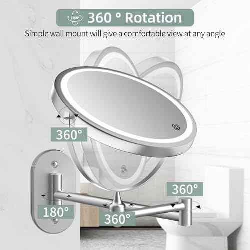 Rechargeable Wall Mounted Lighted Makeup Vanity Mirror 8 inch 1X/10X Magnifying Bathroom Mirror with 3 Color Lights, Double Sided with Dimmable LED Lights, Extended Arm 360¡Æ Swivel Extension Mirror