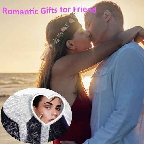 Large Rhinestone Handheld Mirror Heart Bling Glitter Cosmetic Dazzling Portable Hand Mirrors with Handle for Women Wedding Silver White