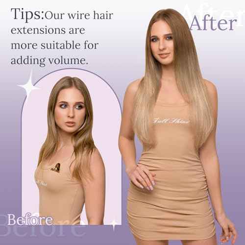 Fshine Wire Hair Extensions 20 Inch Olive Brown to Ash Brown and Blonde Layered Hairpiece with Transparent Fish Line Straight Real Human Hair Clip in Hair Extensions 80 G