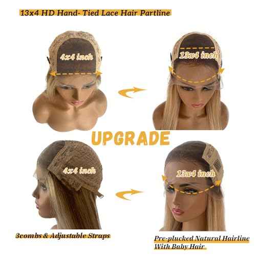 Brown Highlights 13x4 Lace Front Wig Human Hair,Brown with Blonde Highlights Mixed Colored Skily Straight Ombre Lace Front Human Hair Wigs Pre Plucked with Bleached Knots for White Women 24"(3T8P22)
