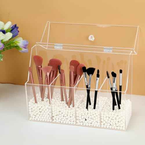 Acrylic Makeup Organizer, Clear Cosmetic Brush Storage Box With 4 Brush Holders (Pearl not included),Makeup Brush Holder with Dust Cover, Large-capacity Split Design Organize the Desktop
