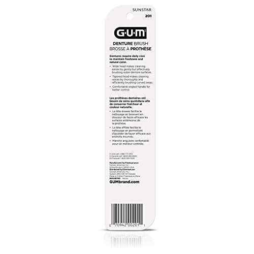 GUM Denture Brush - Dual Headed Hard Bristle Toothbrush for Dentures & Acrylic Retainers - Dentist Recommended Denture Cleaner 1ct (Pack of 6)