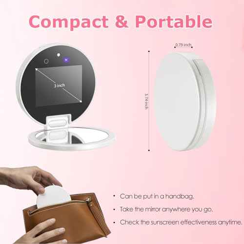 UV Camera for Sunscreen Test UV Mirror Sunscreen Camera, 3.8 Inch Rechargeable 2X Magnifying Vanity Mirror with Light Handheld Double-Sided Pocket Mirror for Skin Protection(White)