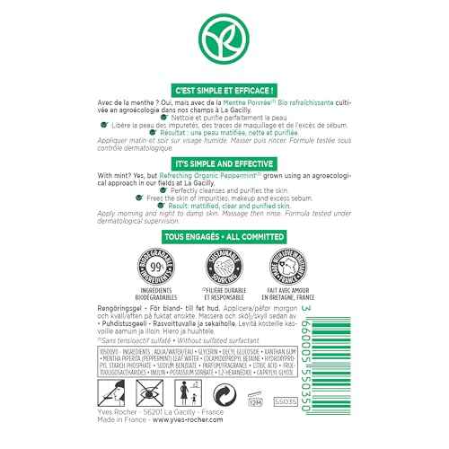 Yves Rocher Purifying Cleansing Gel for Combination to Oily Skin – Pure Menthe – 4.2 Oz – 1 Ct