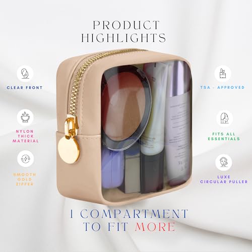 Beige Mini Makeup Bag - Clear Travel Cosmetic Case With Pouch, Small Cosmetic Pouch for Purse