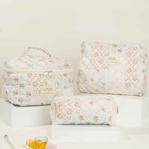 Generic Quilted Makeup Bag Set, Cute Cotton Floral Makeup Bag, Aesthetic Coquette Toiletry Bag, For Travel Toiletry (Bee Flower)