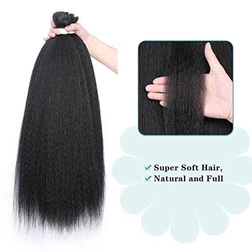 HANNE Kinky Straight Bundles with Lace Closure Yaki Long Straight Hair Bundle for Black Women Heat Resistant 3 Bundles with Closure Hair Extensions (18 20 22 Black)