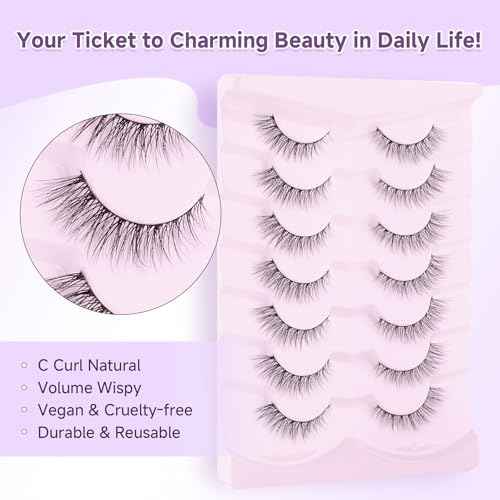 Natural Cat Eye Lashes False Eyelashes Natural 12mm Wispy Eyelashes with Thin Band 3D Volume False Lashes Soft Eye Lashes Pack C Curl Natural Eyelashes Fake Lashes 7 Pair EVENTILL