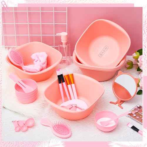 60 Pcs Spa Party Supplies for Women Pink Facial Mask Bowl Set with Facial Mask Bowls Spatula Brush Puff Measuring Scoop Basin Mirror Air Cushion Comb Headband Spa Birthday Party Favor
